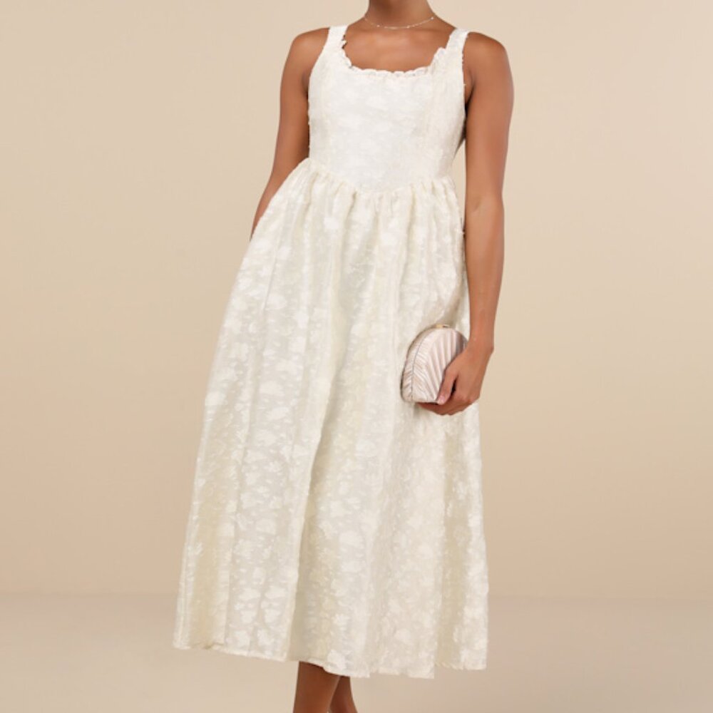Lulus Immaculate Elegance Cream Jacquard Lace-up Midi Dress White - Size M